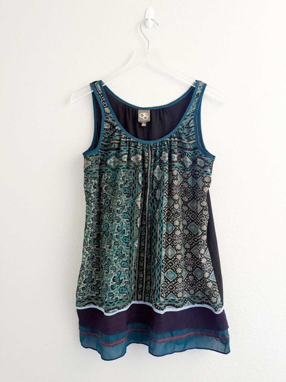 Anthropologie One September Teal and Navy Patterned Tank Top